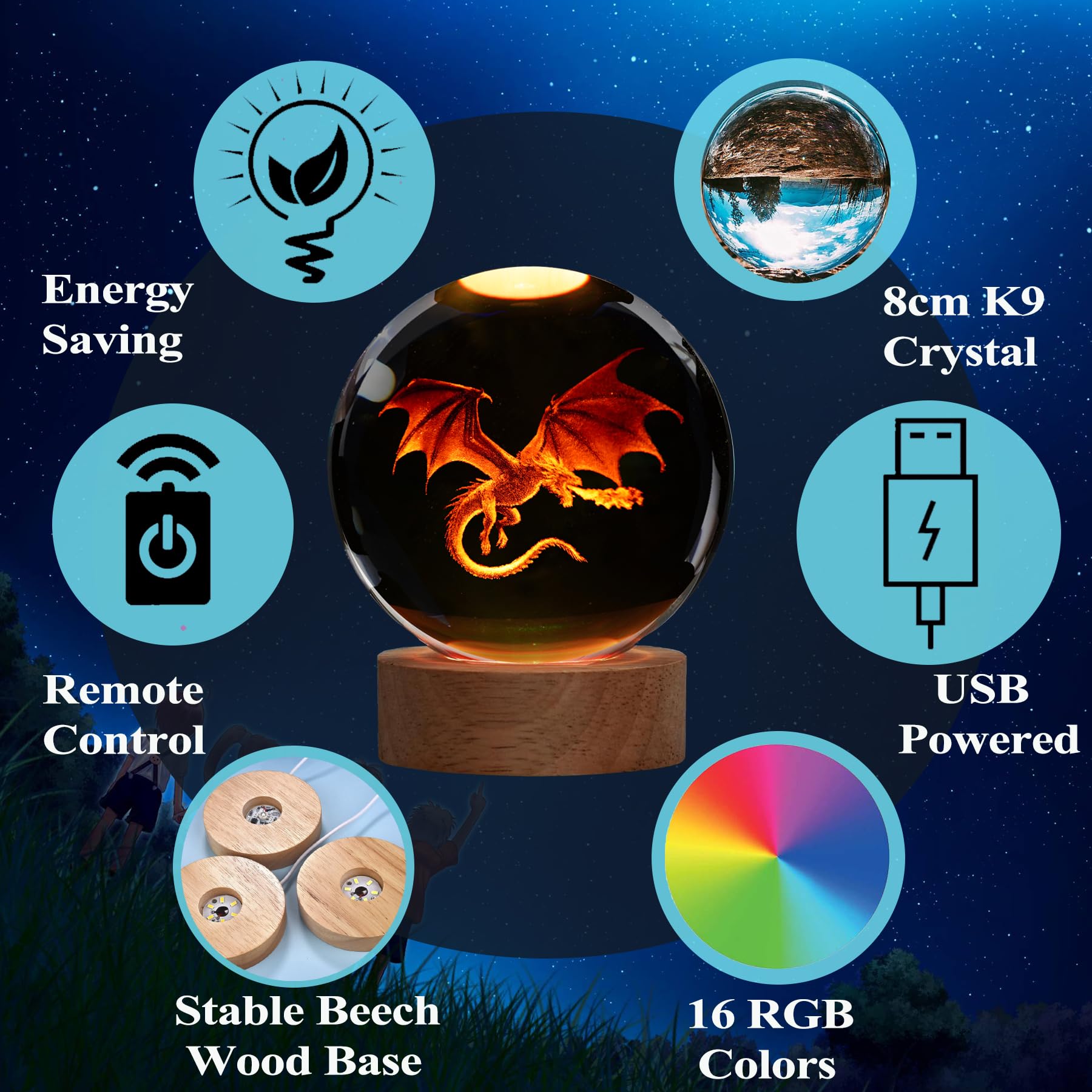 POSSHE Dragon Night Light, Dragon Gifts, 3D Crystal Ball Dragon